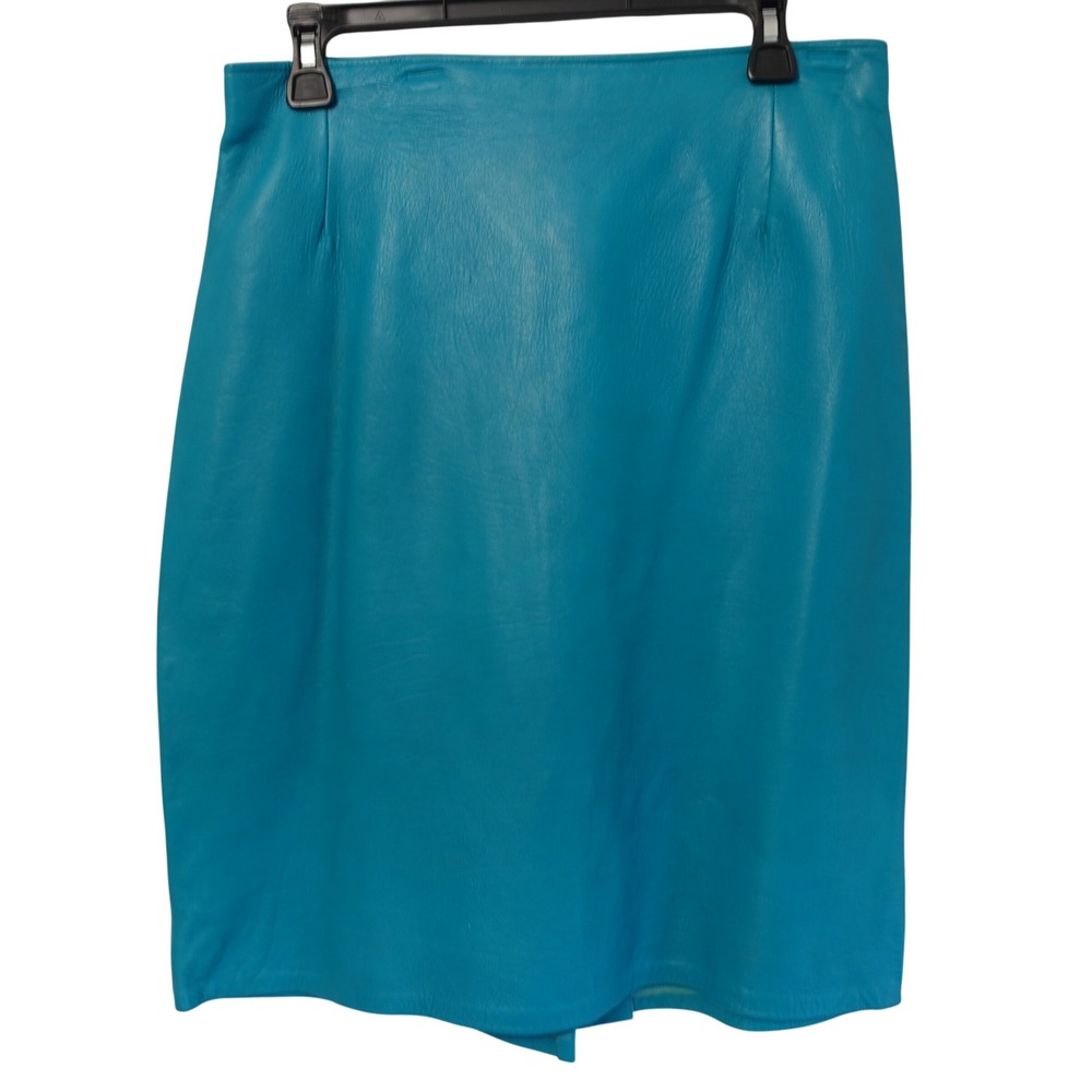 VTG‎ Firenze Santa Barbara Turquoise Genuine Leather Pencil Skirt Size 14 Retro